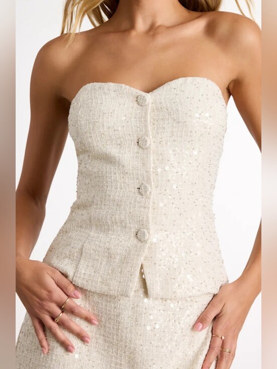 Lulus Dresses & Skirts - Lulu's Cream Strapless Tweed Sequin Button Corset Top